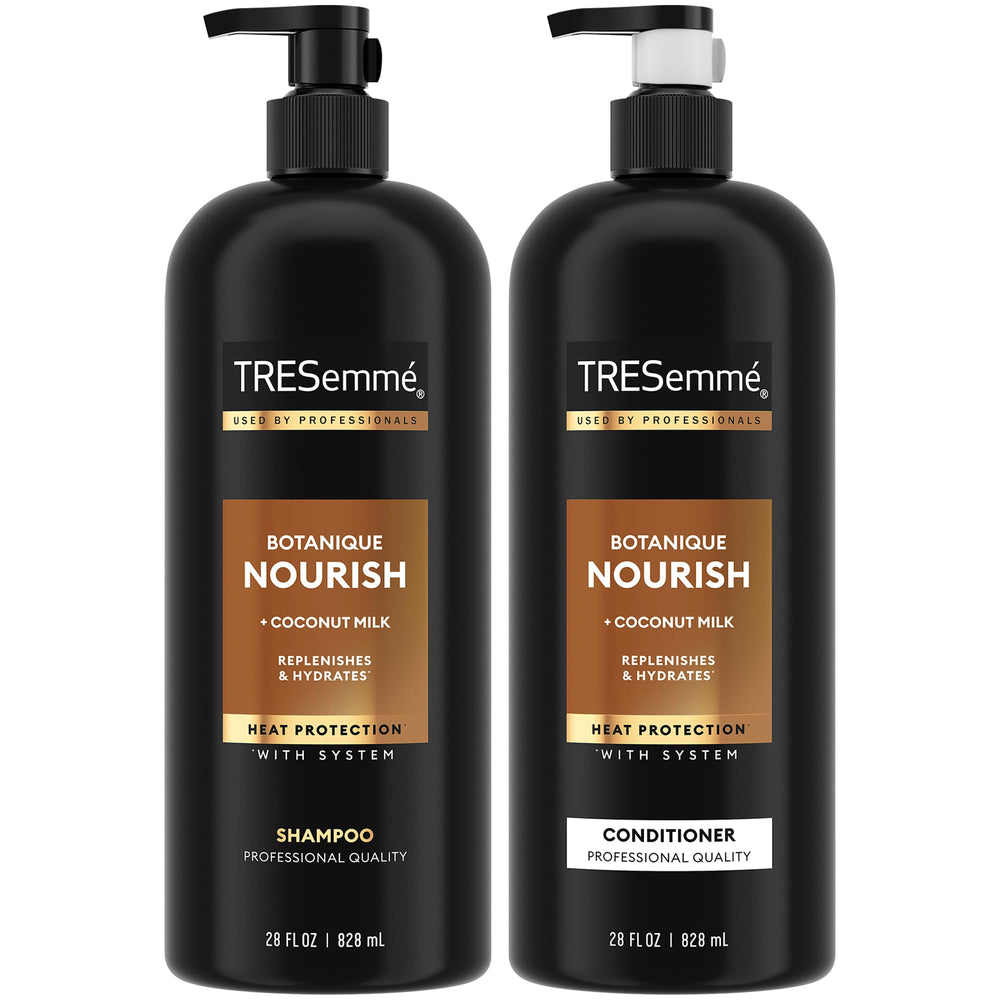 TRESemmé Botanique Nourish shampoo bottle highlights coconut milk hydration for frizz control.