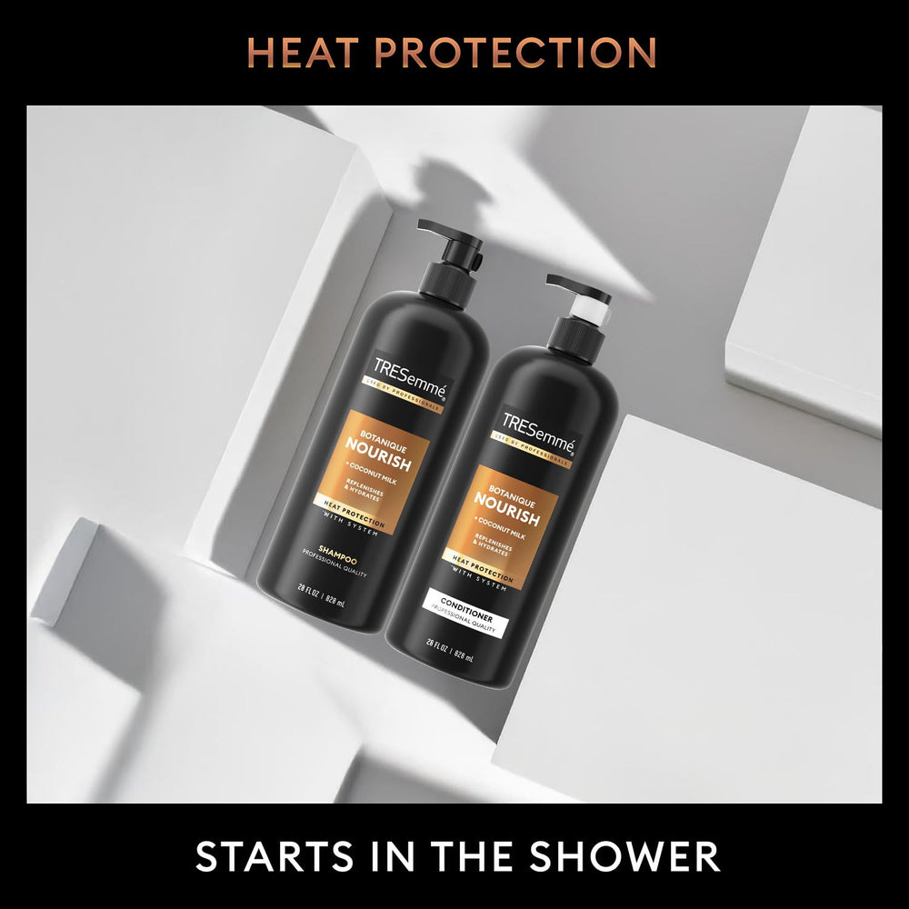TRESemmé Botanique Nourish steps image shows shampoo lather and conditioner application.