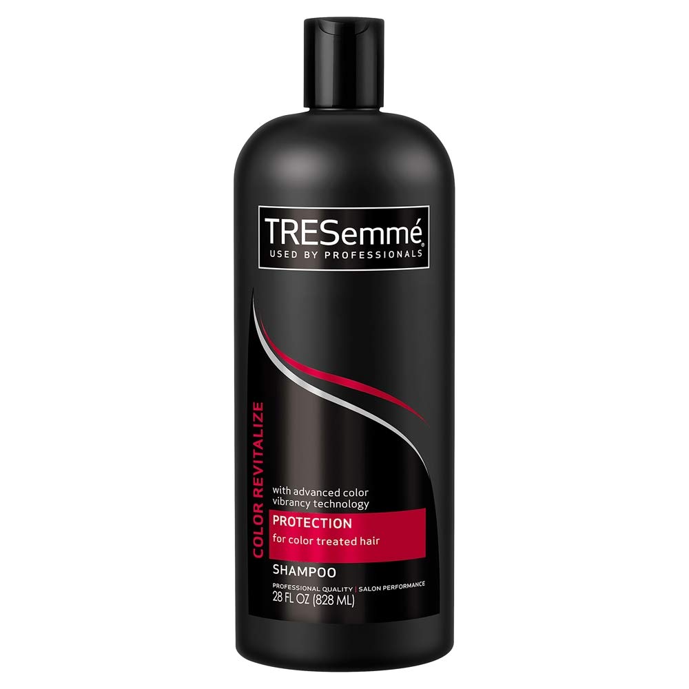 TRESemmé Color Revitalize shampoo bottle promotes color protection and vibrant shine.