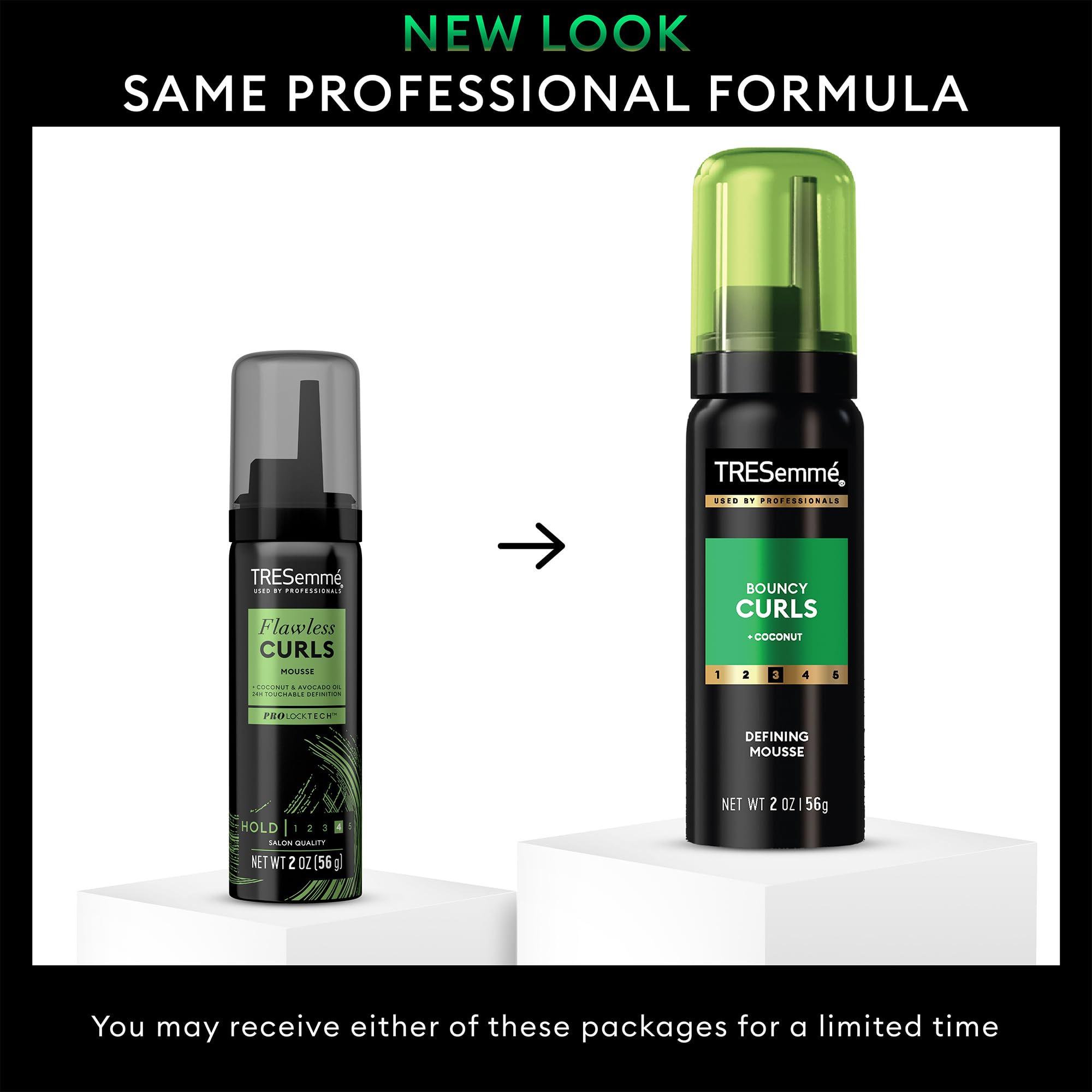 TRESemmé Defining Mousse shown with Bouncy Curls shampoo and conditioner for best results.