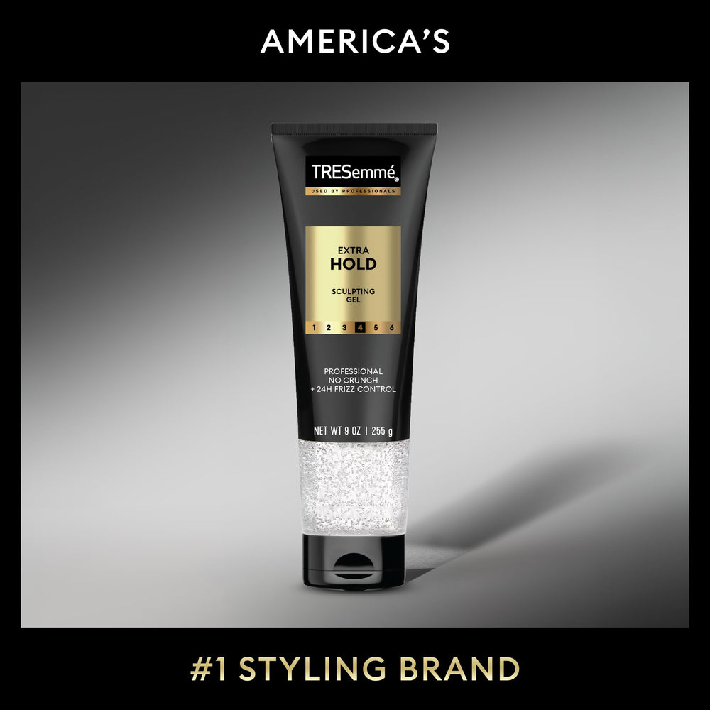 TRESemmé Extra Hold Gel close-up shows frizz-control in 24-hour humidity