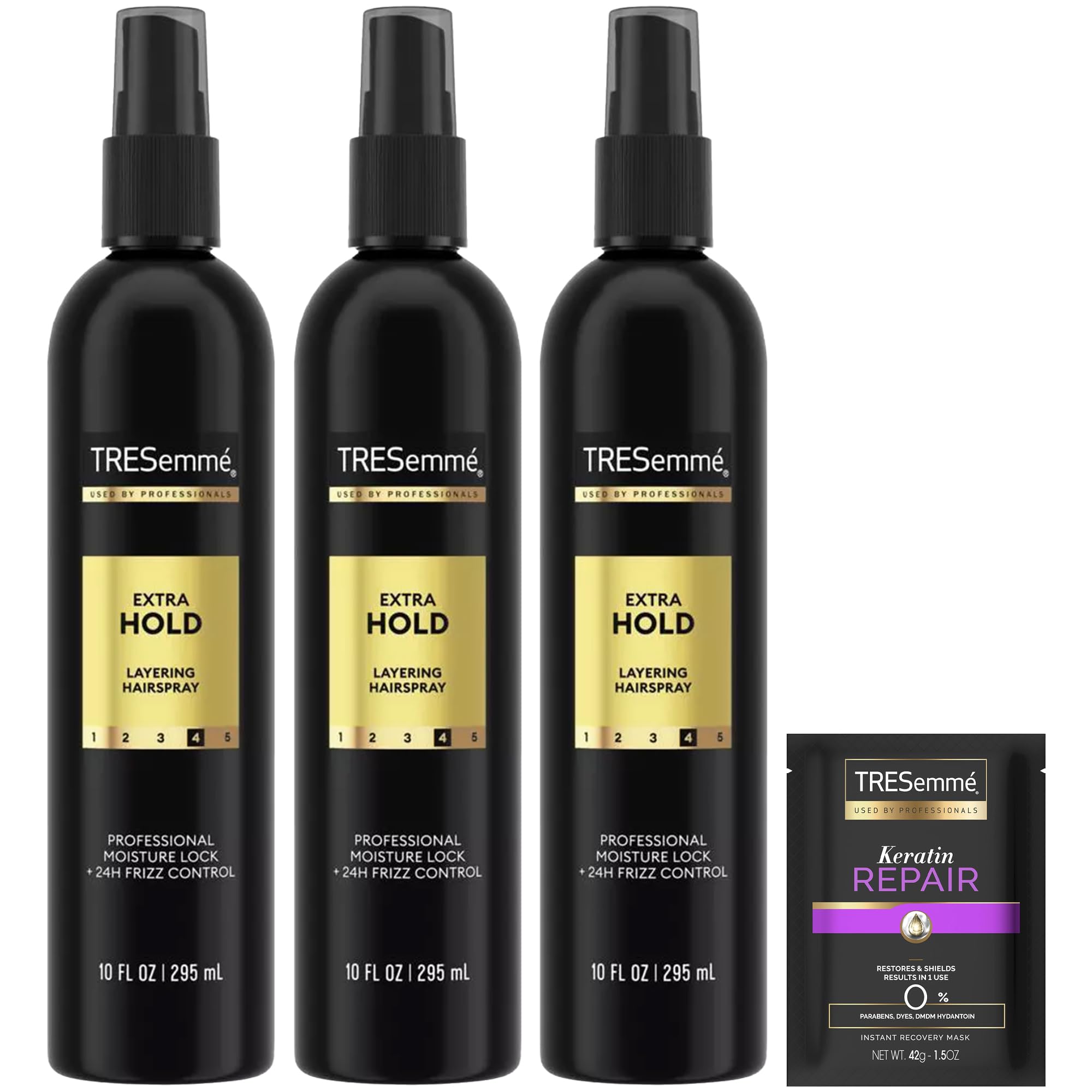 TRESemmé Extra Hold hairspray bottle showing long-lasting hold and frizz control