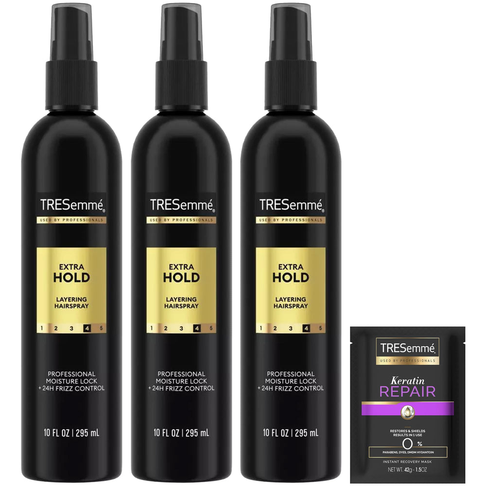 TRESemmé Extra Hold hairspray bottle showing long-lasting hold and frizz control