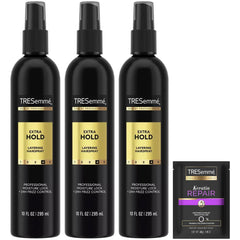 TRESemmé Extra Hold hairspray bottle showing long-lasting hold and frizz control