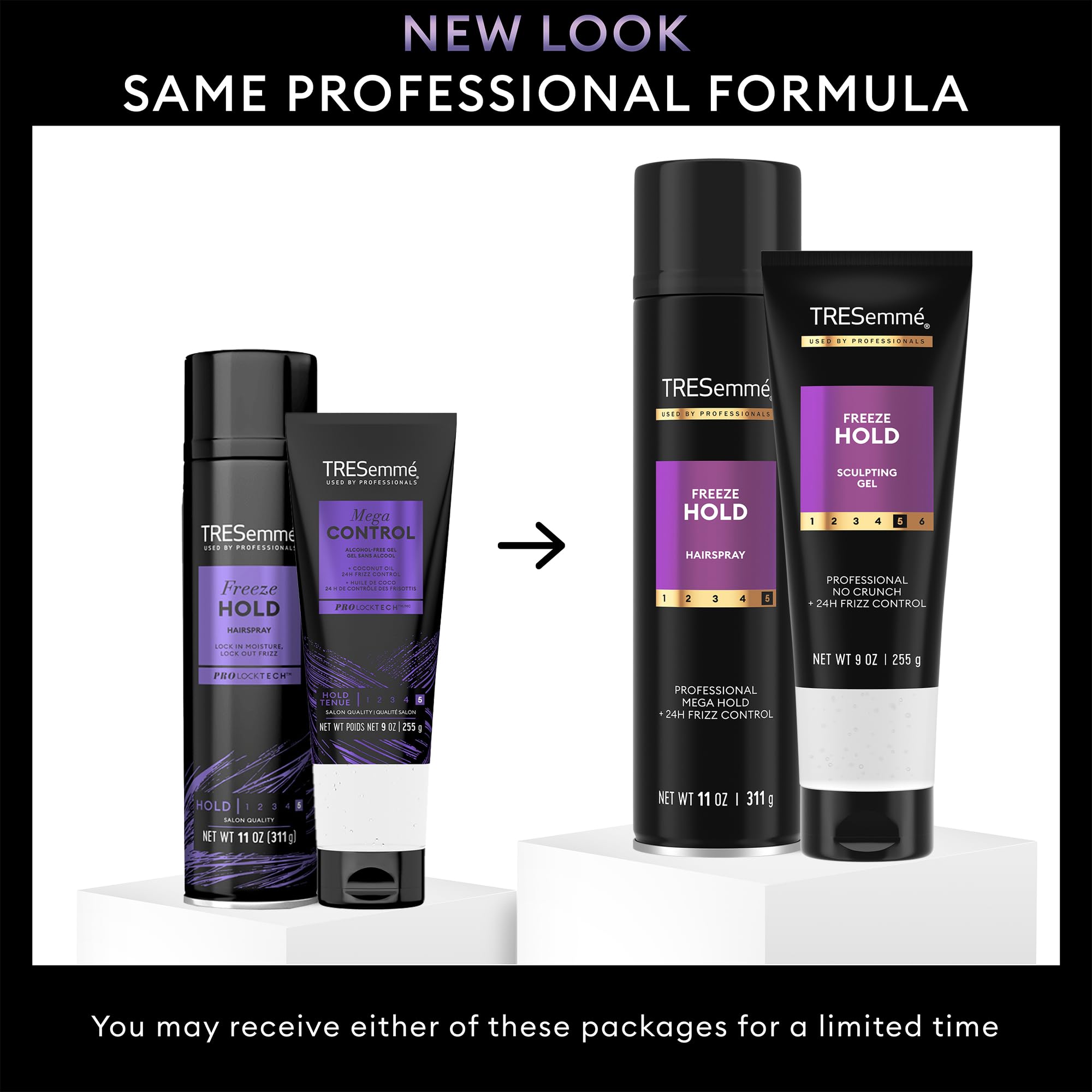 TRESemmé Freeze Hold hairspray application shows even mist for lasting frizz protection.