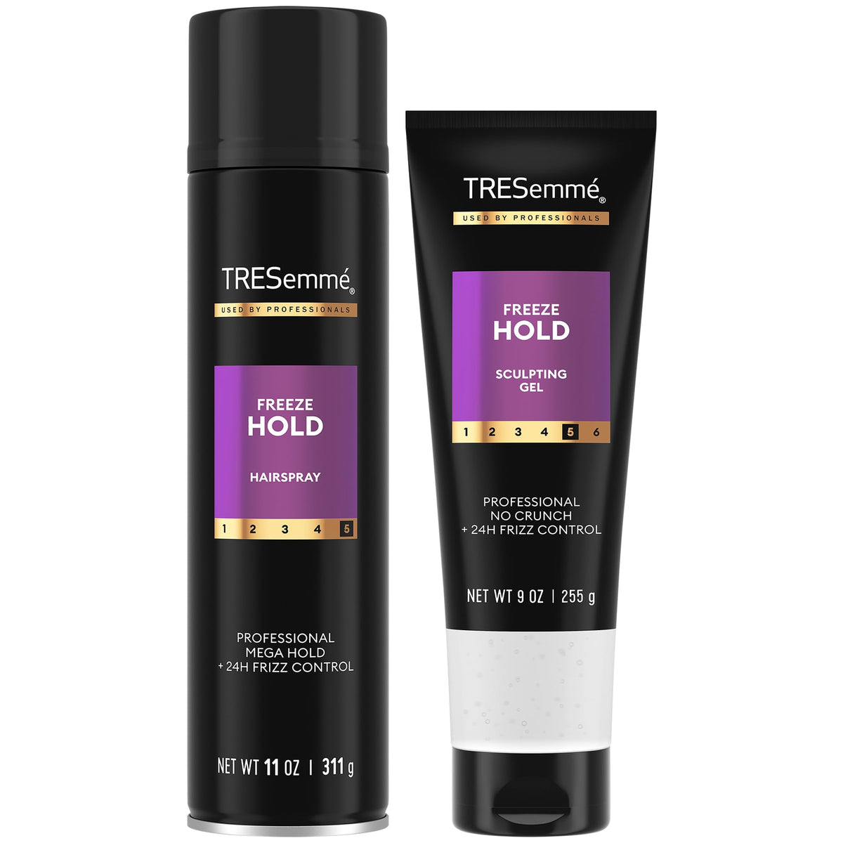 TRESemmé Freeze Hold hairspray bottle demonstrates anti-humidity hold for all-day style.