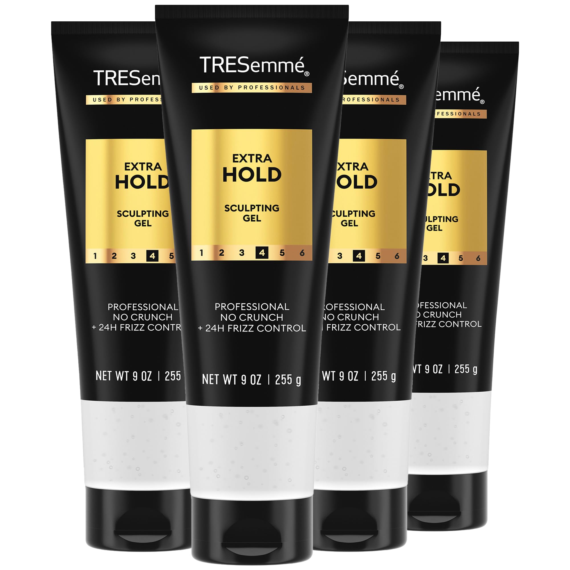 TRESemmé hair gel bottle closeup shows extra hold for frizz control.