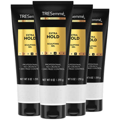 TRESemmé hair gel bottle closeup shows extra hold for frizz control.