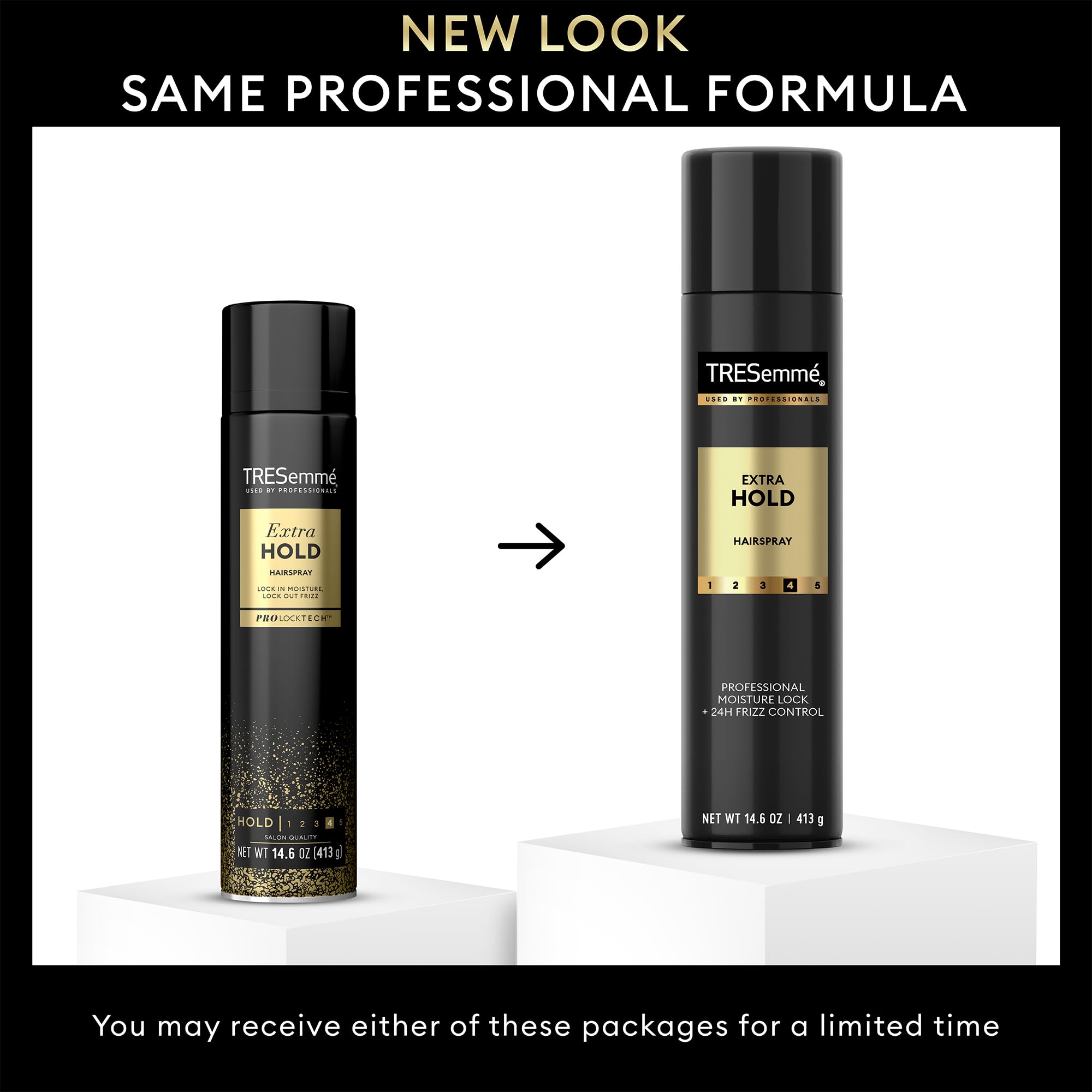 TRESemmé hairspray dispensing action demonstrates quick setting spray for frizz-free style