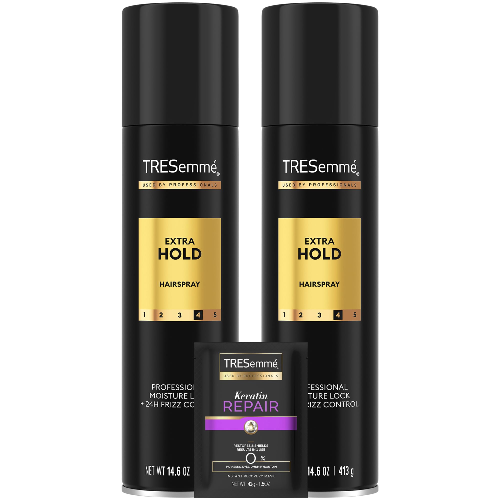 TRESemmé hairspray extra hold bottle front shows frizz control for all-day style