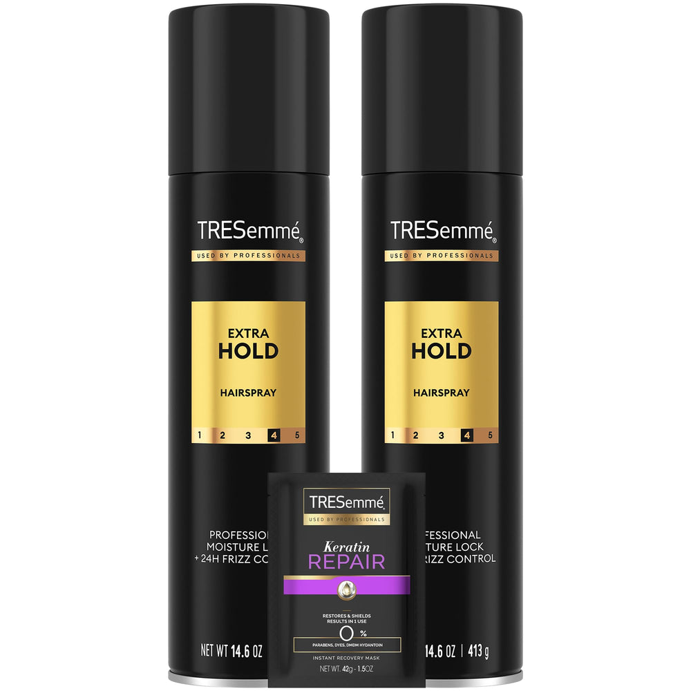 TRESemmé hairspray extra hold bottle front shows frizz control for all-day style