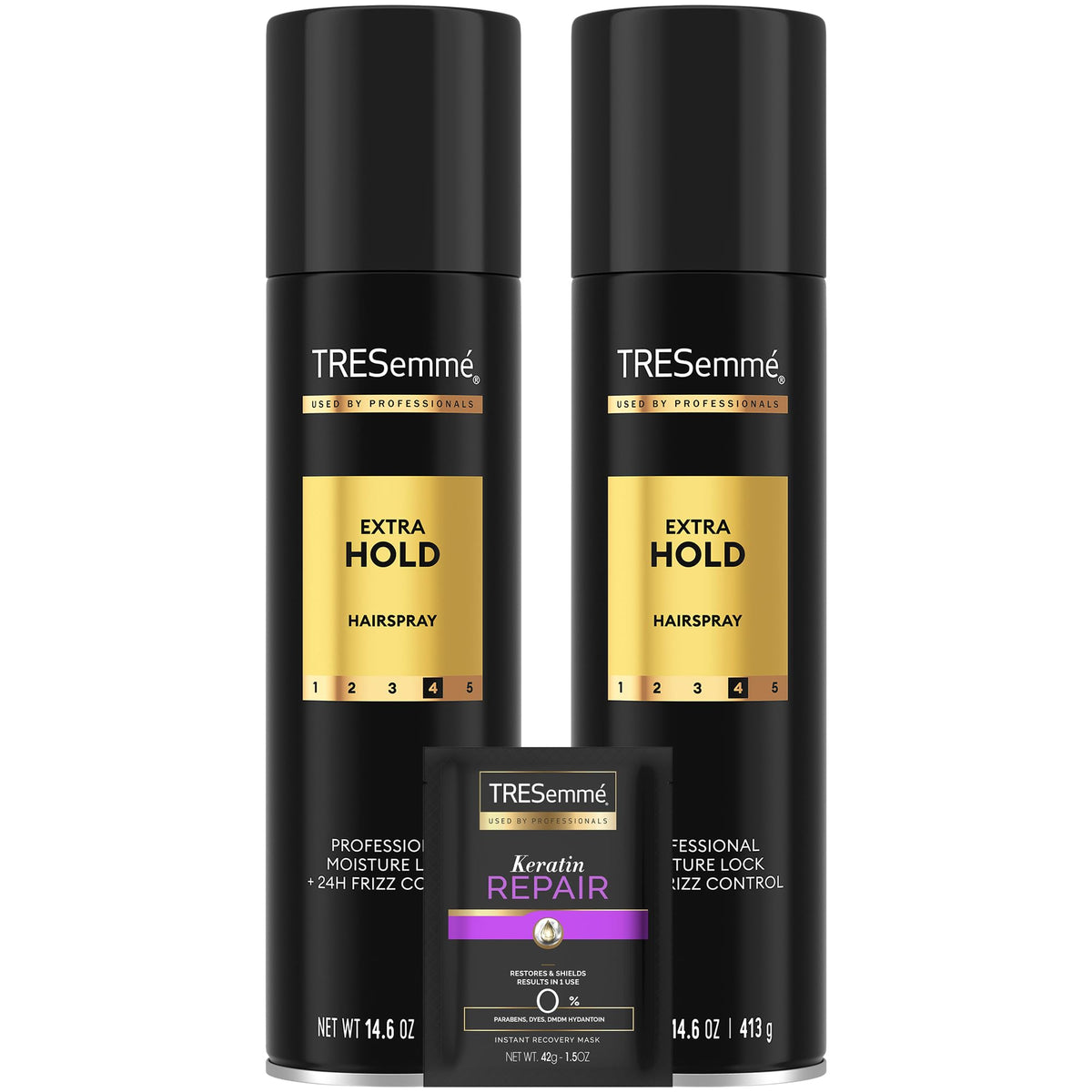 TRESemmé hairspray extra hold bottle front shows frizz control for all-day style