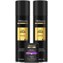 TRESemmé hairspray extra hold bottle front shows frizz control for all-day style