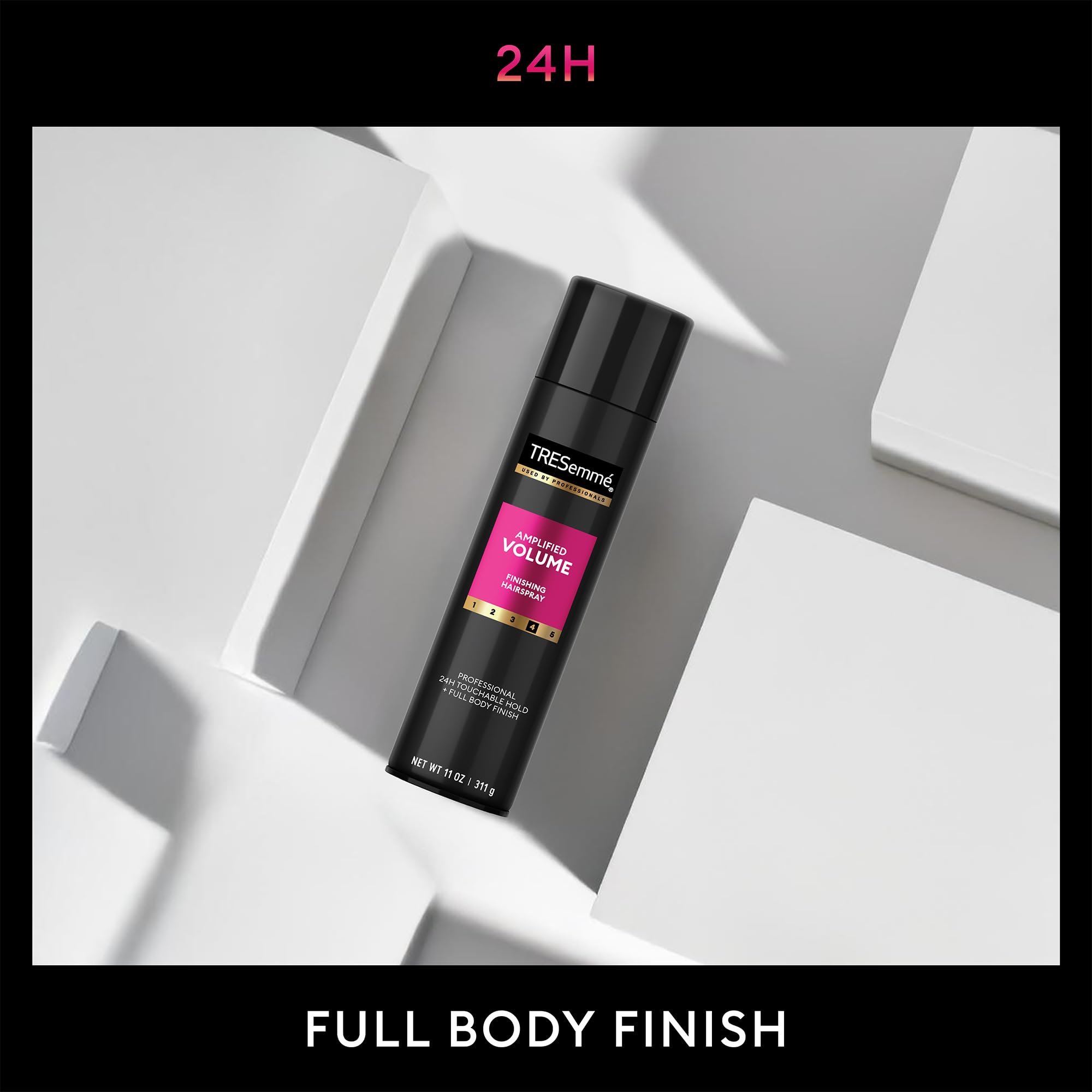 TRESemmé hairspray close-up showing anti-frizz and flyaway control.