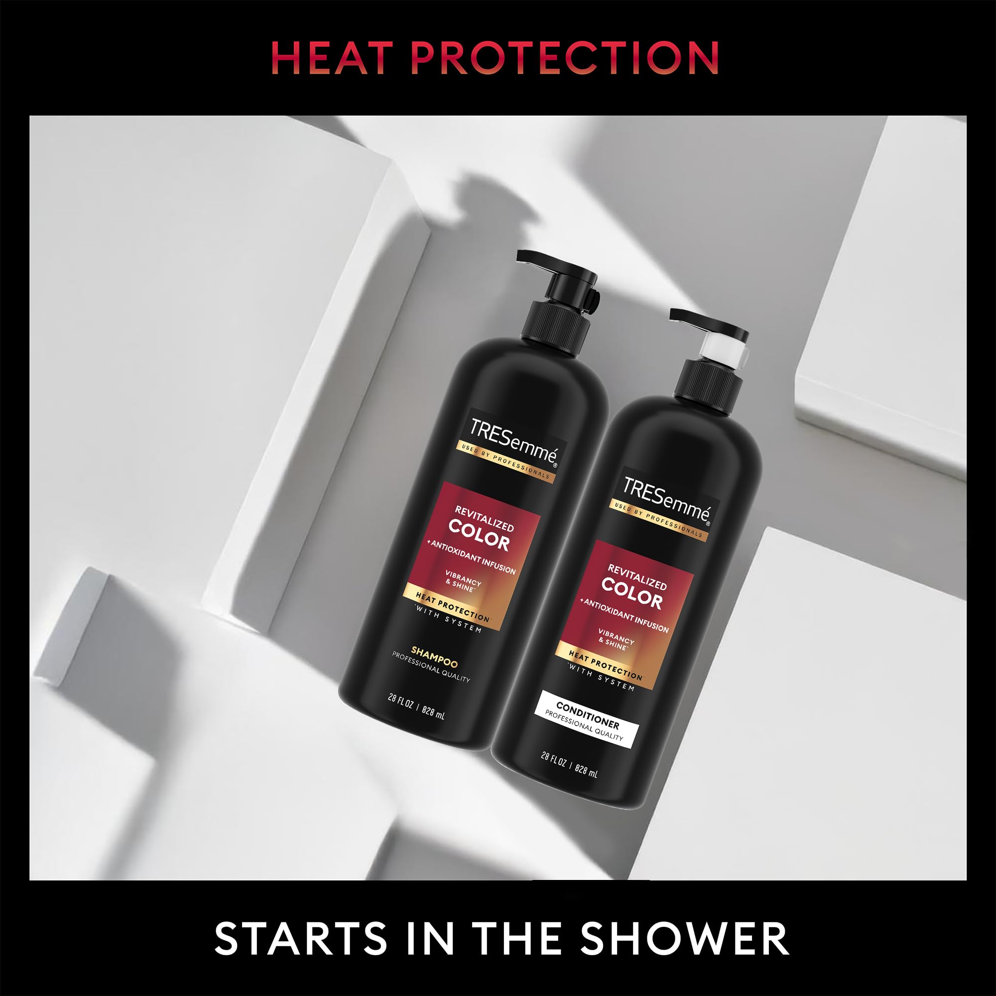TRESemmé heat protection in shower scene suggests heat shield during styling.