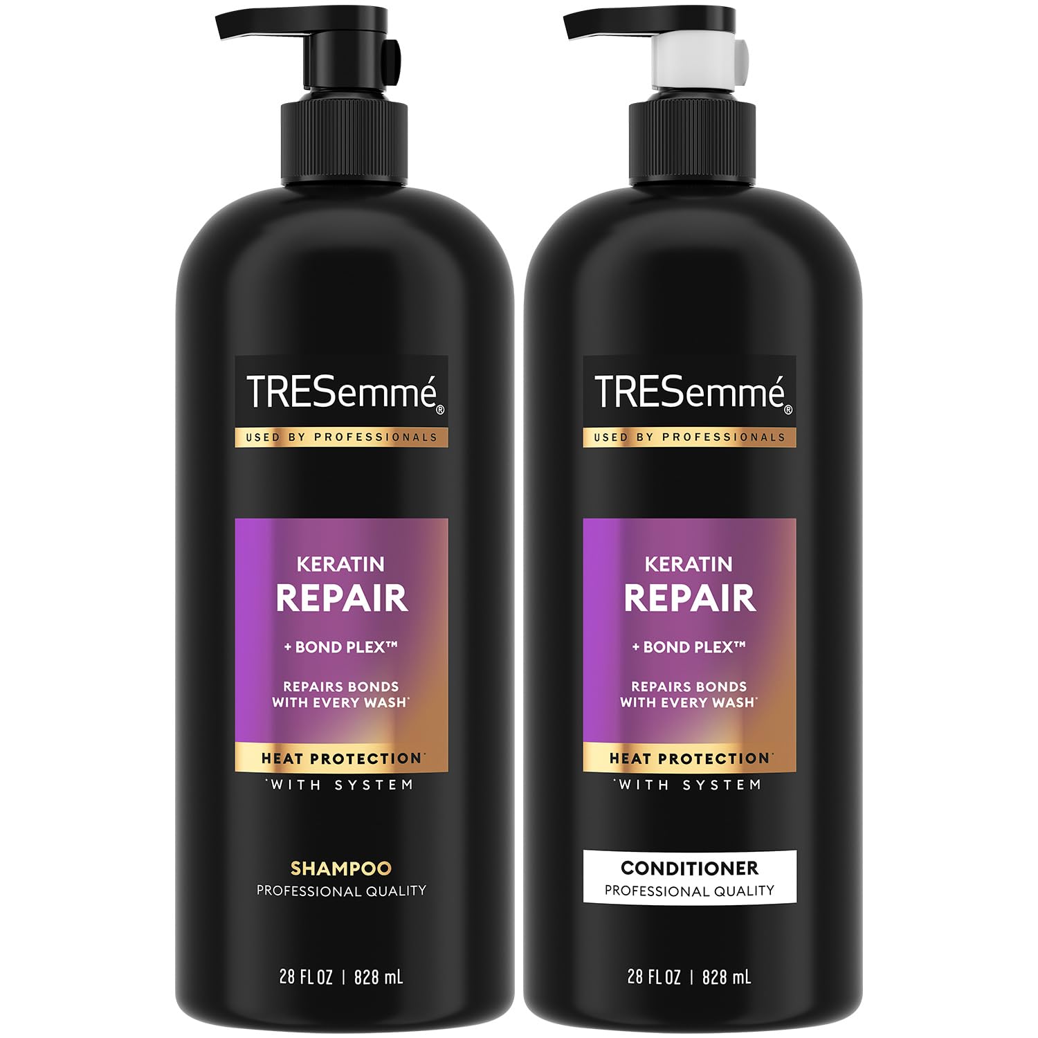 TRESemmé Keratin Repair shampoo bottle shows bond repair for smoother, frizz-controlled hair
