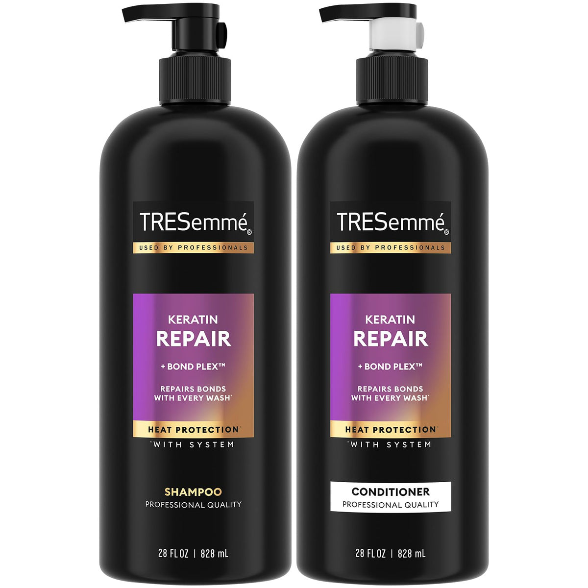 TRESemmé Keratin Repair shampoo bottle shows bond repair for smoother, frizz-controlled hair