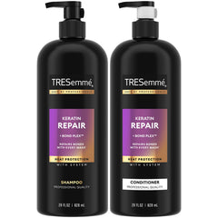TRESemmé Keratin Repair shampoo bottle shows bond repair for smoother, frizz-controlled hair