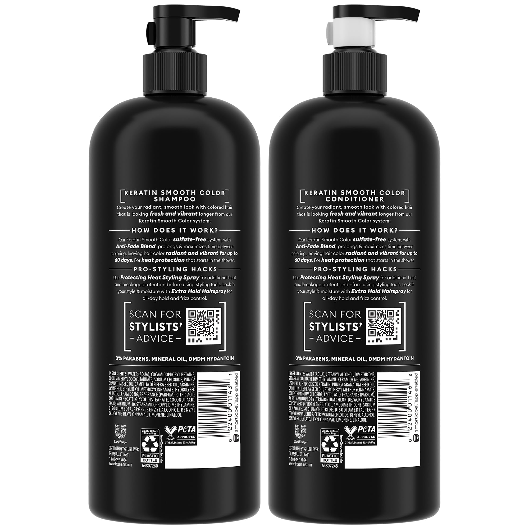TRESemmé Keratin Smooth Color Conditioner bottle emphasizes frizz control and lasting color vibrancy