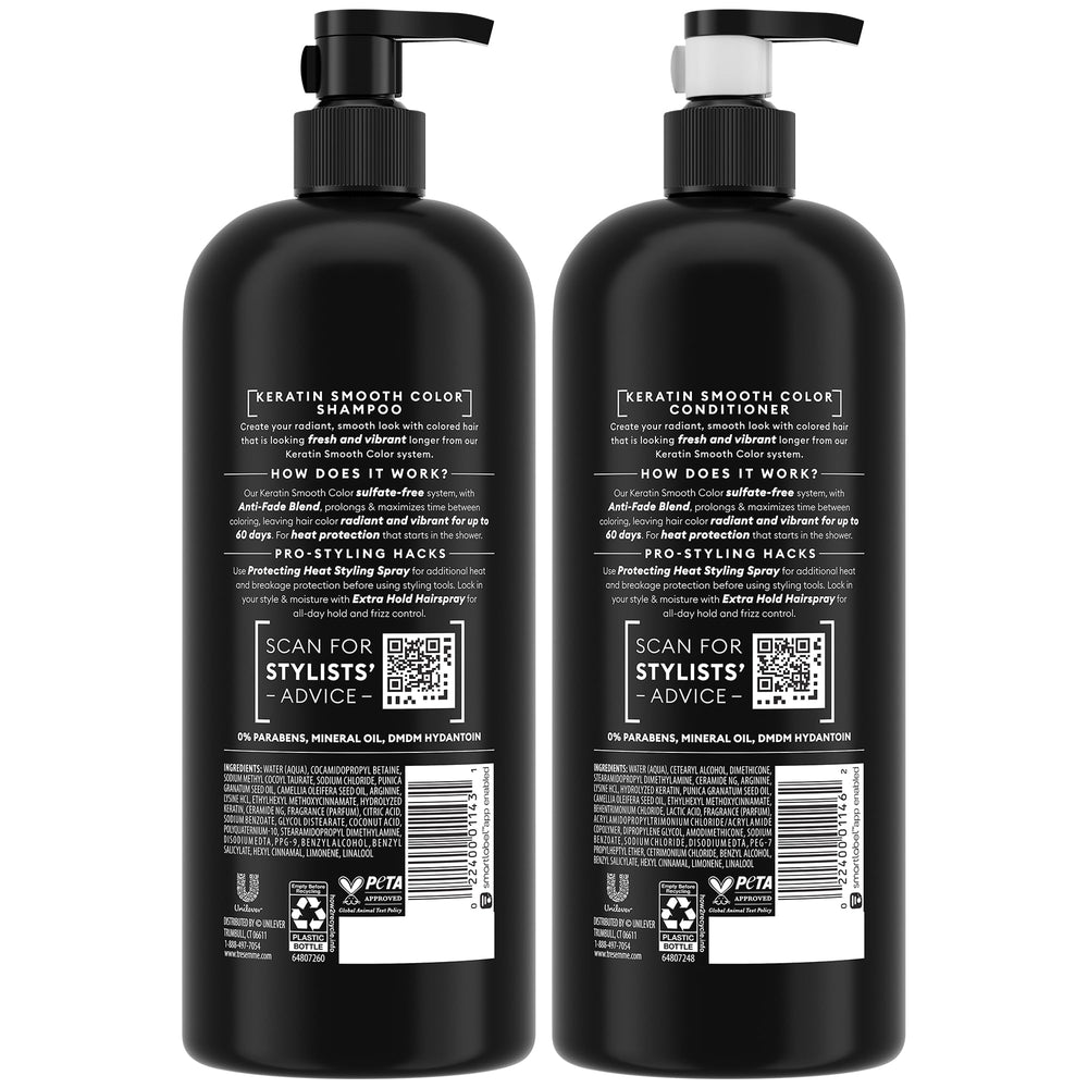 TRESemmé Keratin Smooth Color Conditioner bottle emphasizes frizz control and lasting color vibrancy