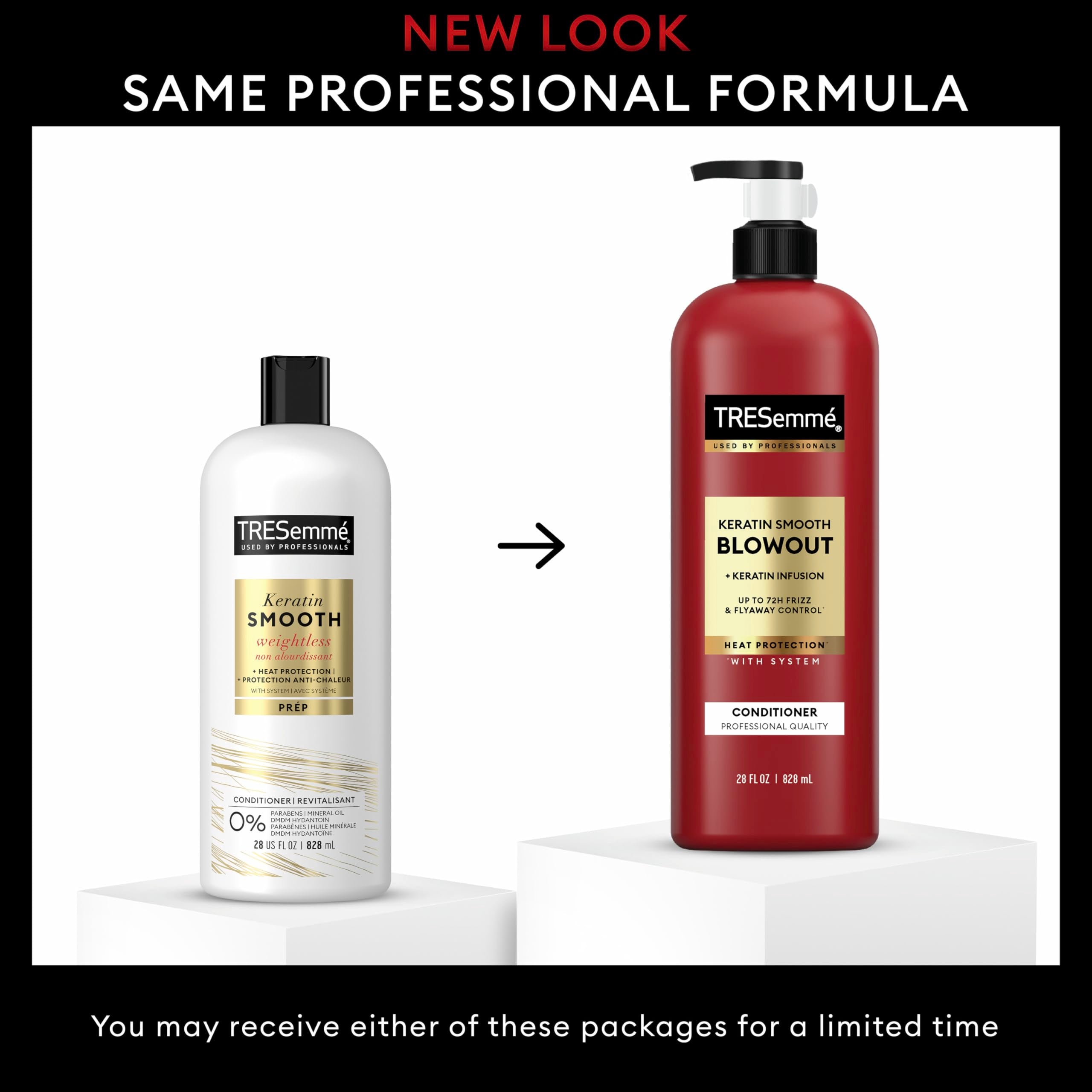 Four-pack display of TRESemmé Keratin Smooth Conditioner emphasizes value and consistent frizz control.