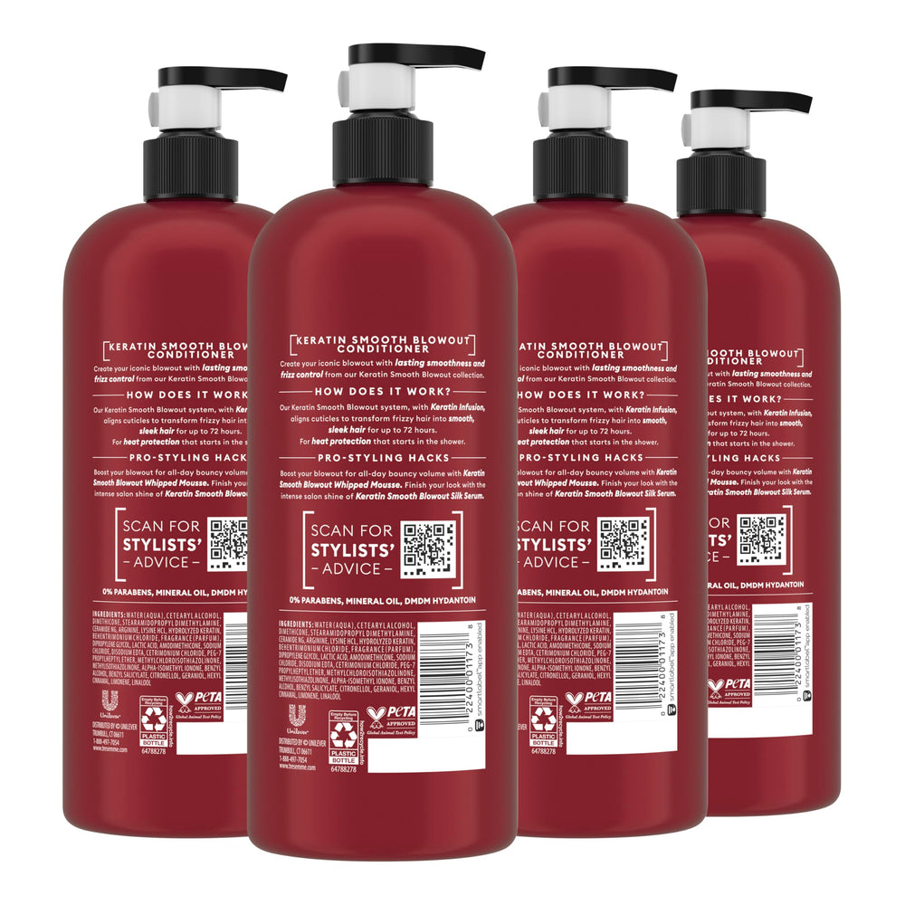TRESemmé Keratin Smooth Conditioner label closeup highlights keratin benefits for smooth strands.