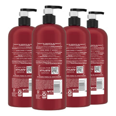 TRESemmé Keratin Smooth Conditioner label closeup highlights keratin benefits for smooth strands.