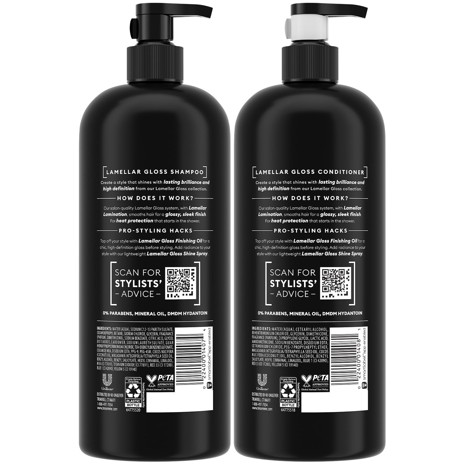 TRESemmé Lamellar Gloss Conditioner bottle suggests smooth, glossy hair with lasting manageability.