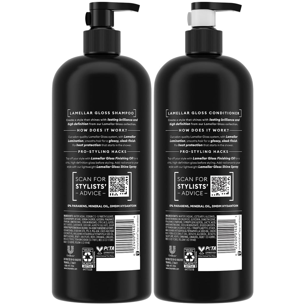 TRESemmé Lamellar Gloss Conditioner bottle suggests smooth, glossy hair with lasting manageability.