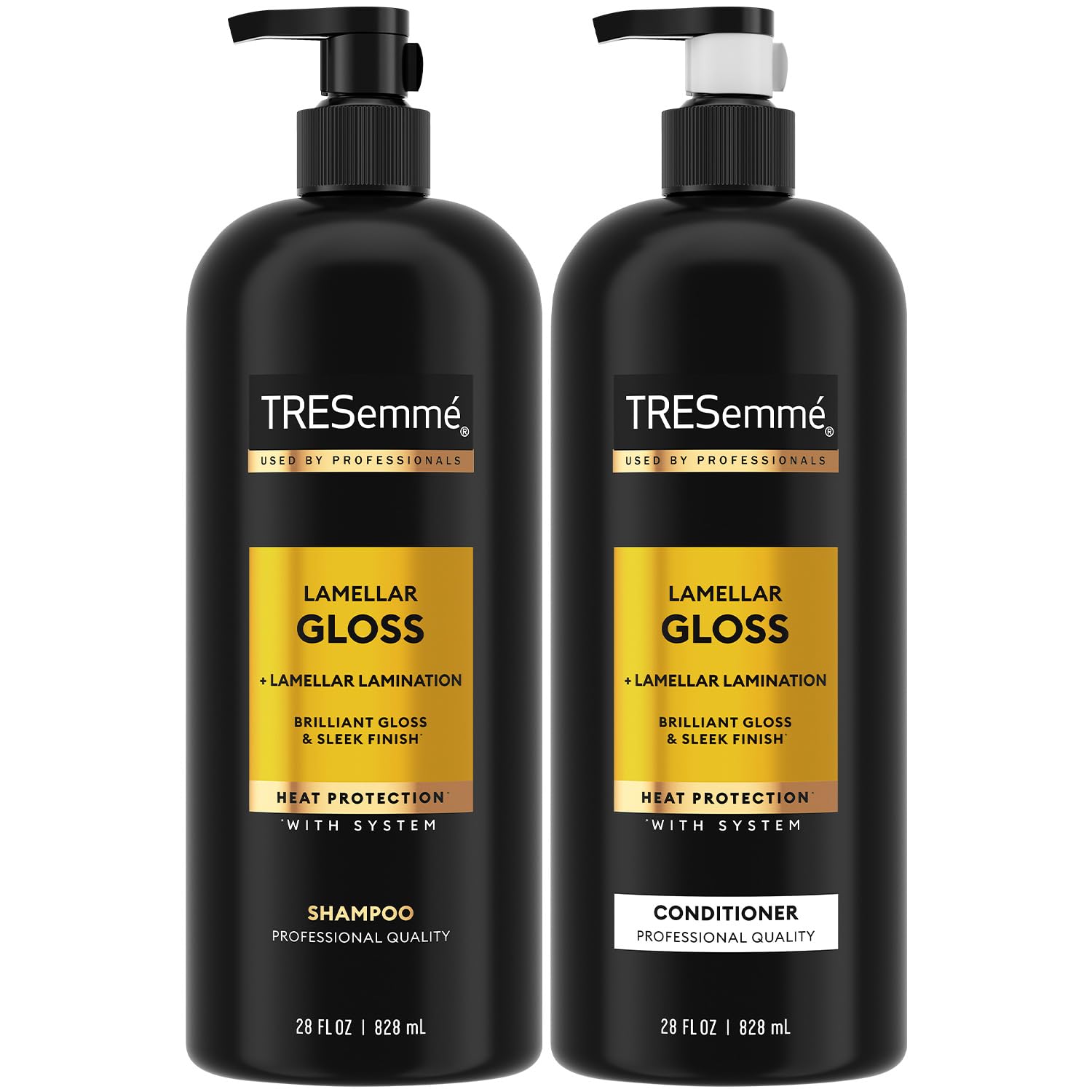 TRESemmé Lamellar Gloss Shampoo bottle promises sleek shine and frizz control.