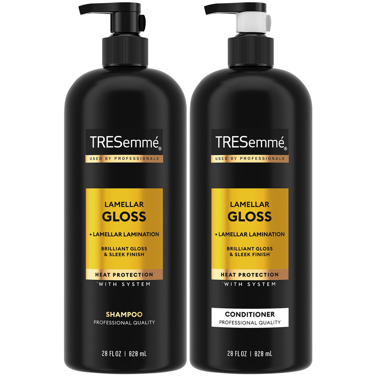 TRESemmé Lamellar Gloss Shampoo bottle promises sleek shine and frizz control.