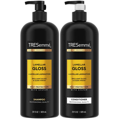 TRESemmé Lamellar Gloss Shampoo bottle promises sleek shine and frizz control.