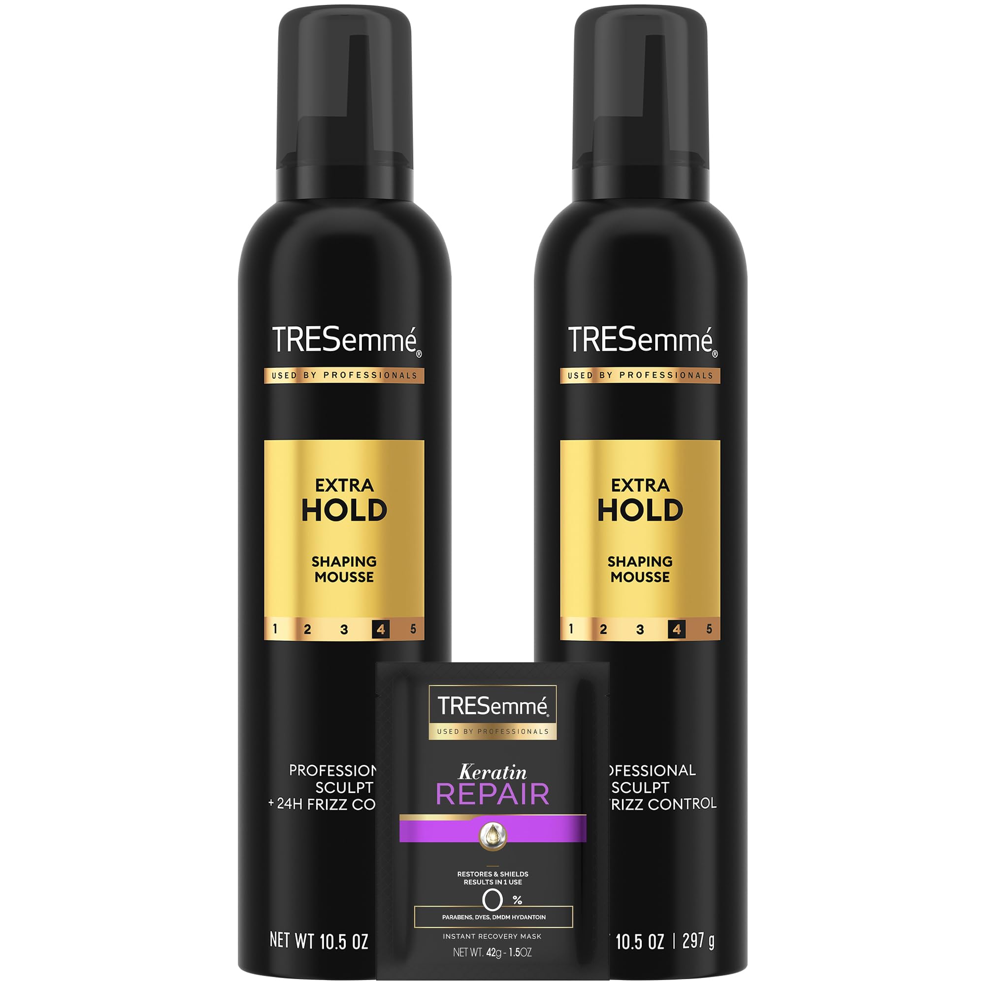 TRESemmé Mousse Extra Hold bottle front shows flexible hold and moisture