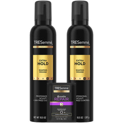 TRESemmé Mousse Extra Hold bottle front shows flexible hold and moisture
