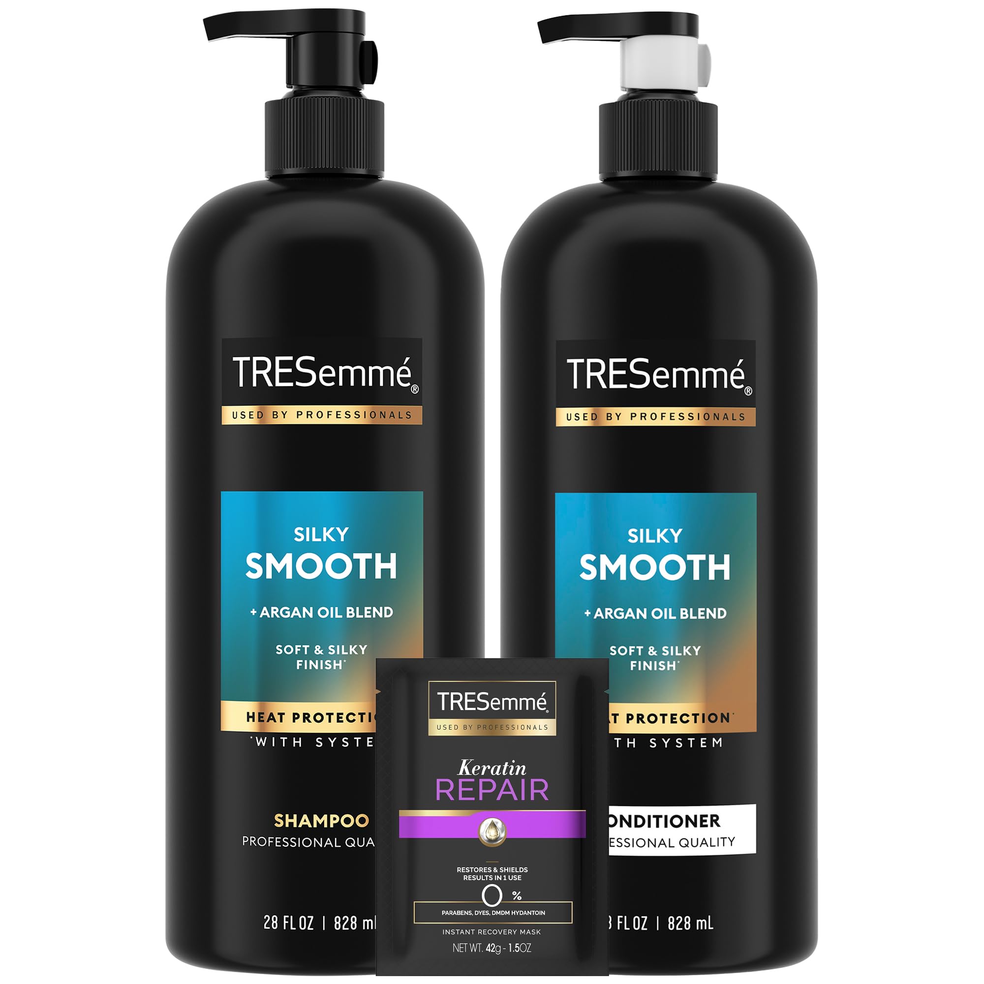 TRESemmé shampoo bottle with argan oleo blend for frizz control and manageability.