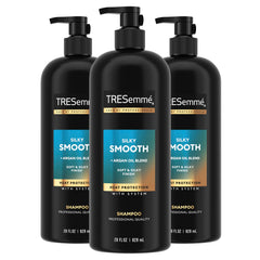TRESemmé Silky Smooth Shampoo bottle showing frizz-control action after wash.