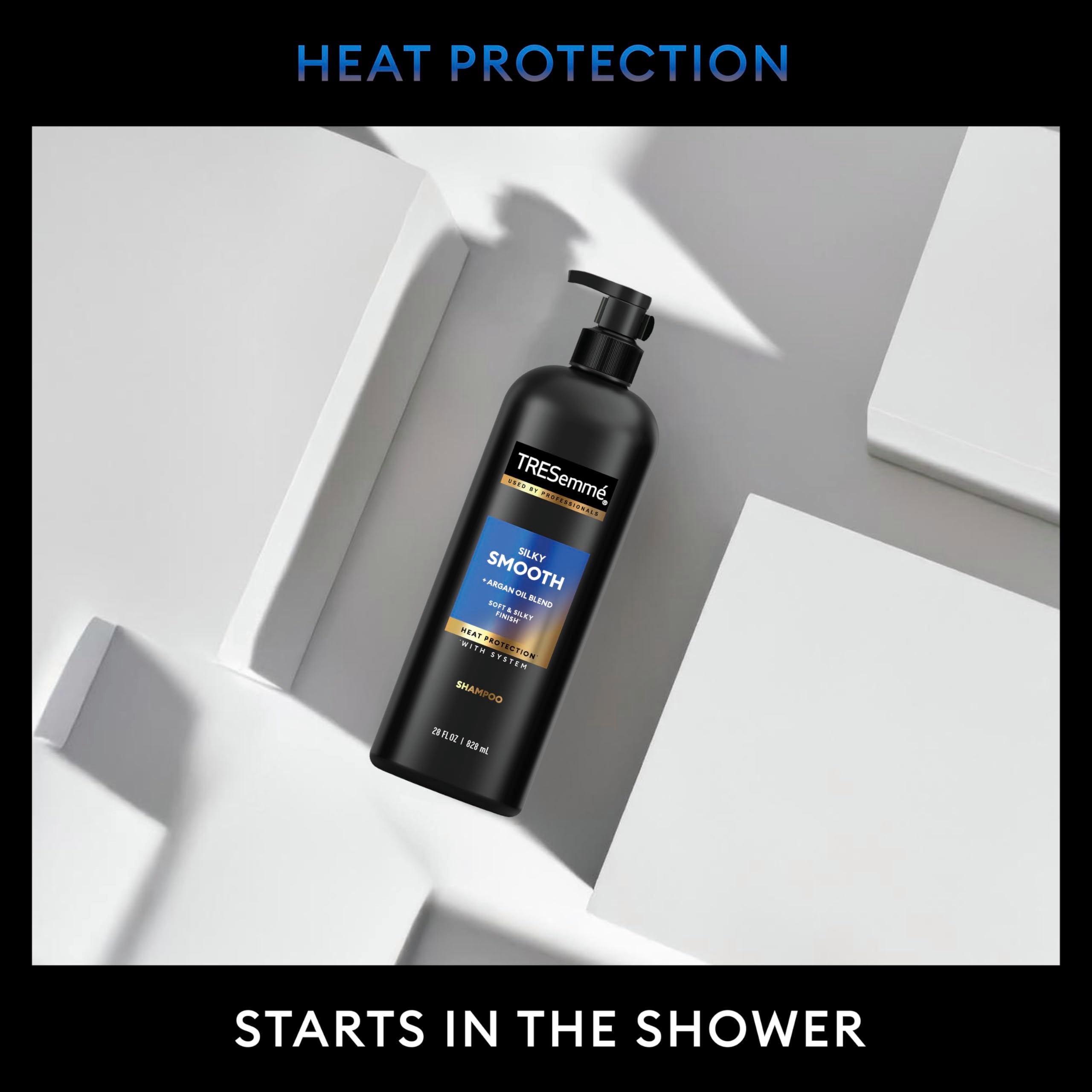 TRESemmé Silky Smooth Shampoo in a shower setup with conditioner and heat spray.