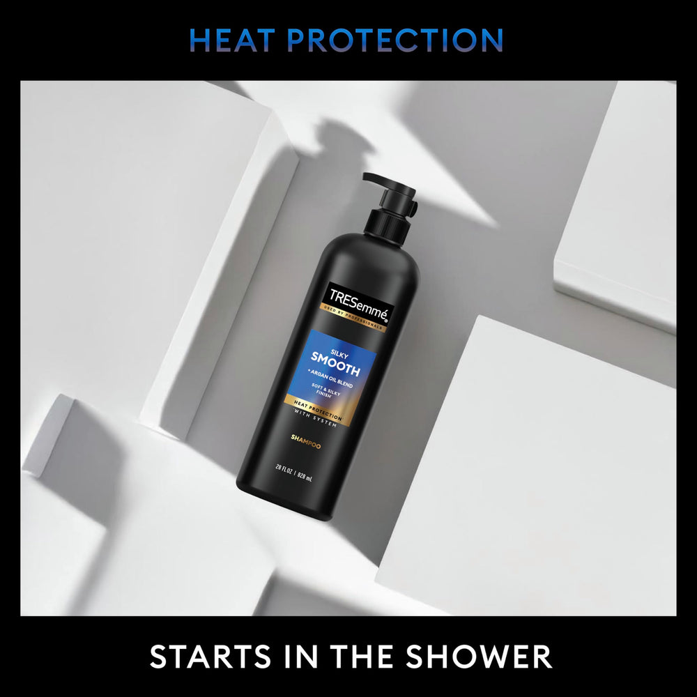 TRESemmé Silky Smooth Shampoo in a shower setup with conditioner and heat spray.