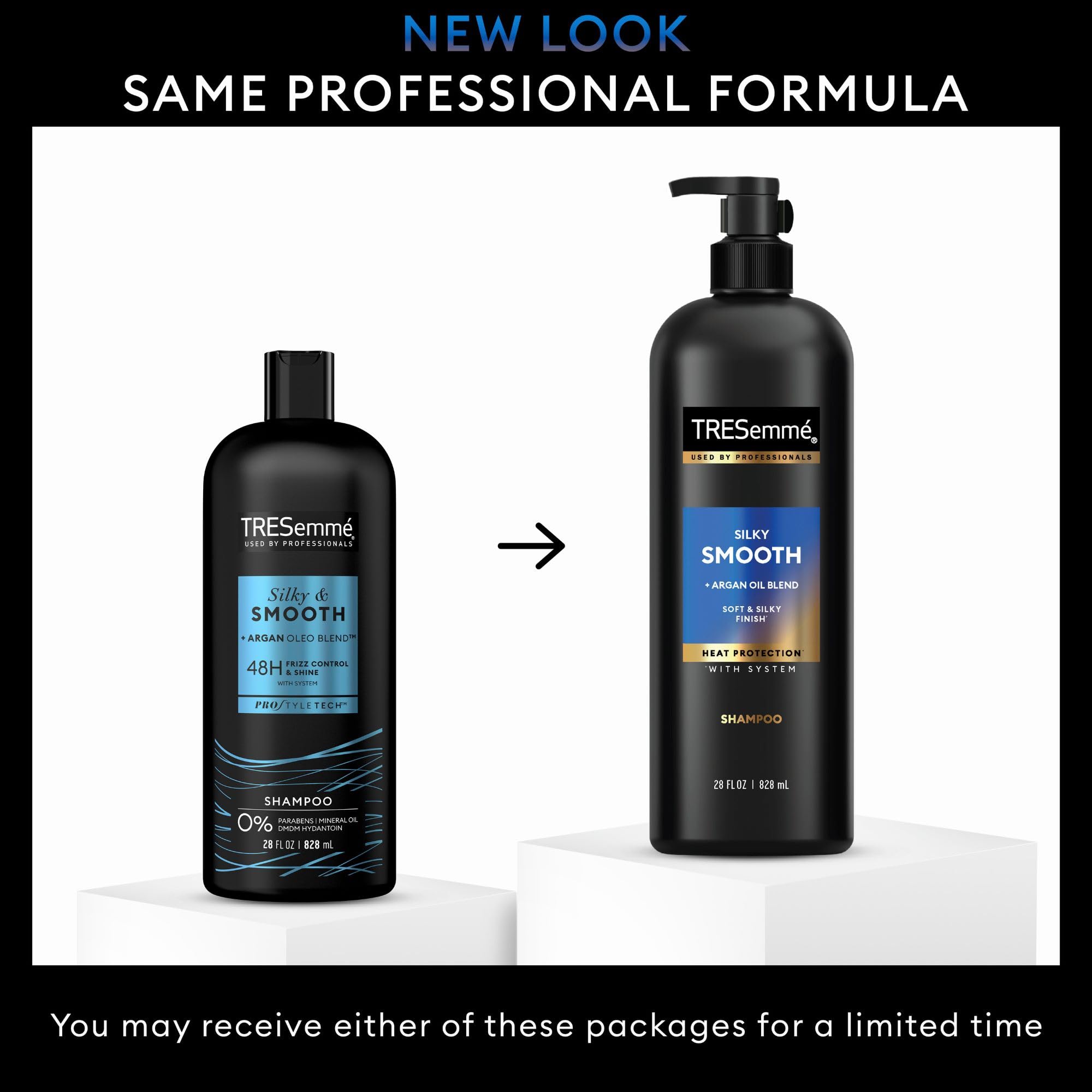TRESemmé Silky Smooth Shampoo packaging highlights new look and quality.