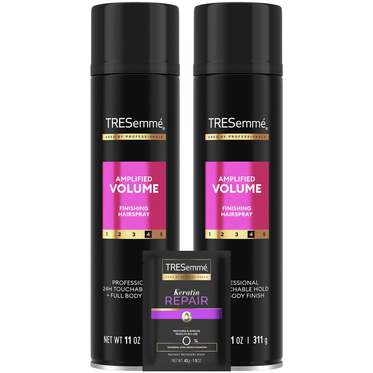 TRESemmé Total Volume hairspray bottle offering long-lasting lift for daily styles.