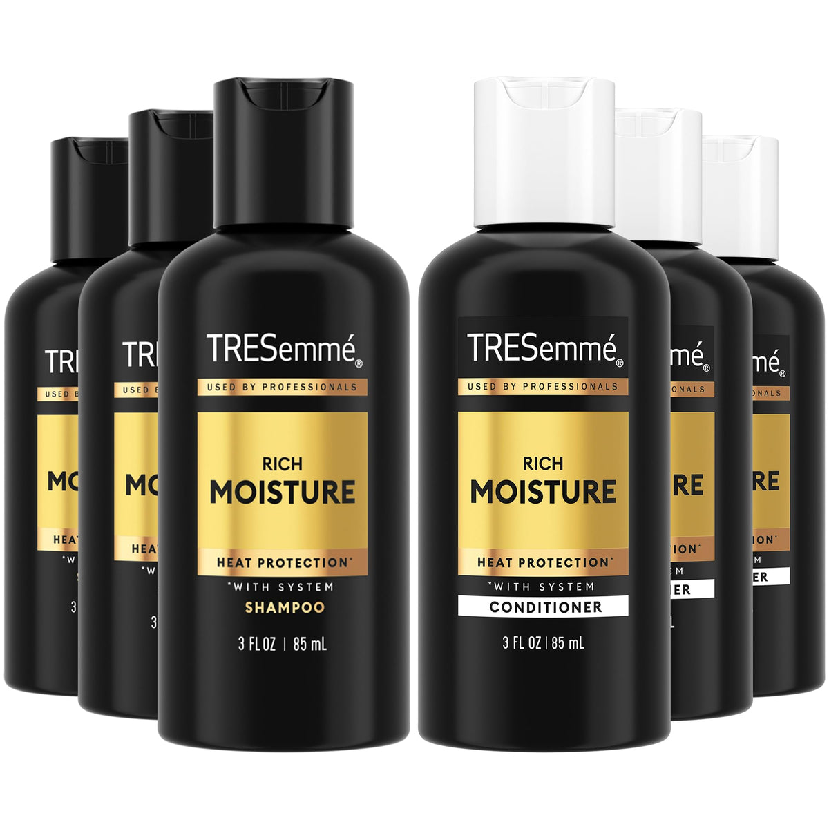 Tresemme Travel Essentials shampoo bottle shows moisture-rich formula for on-the-go care