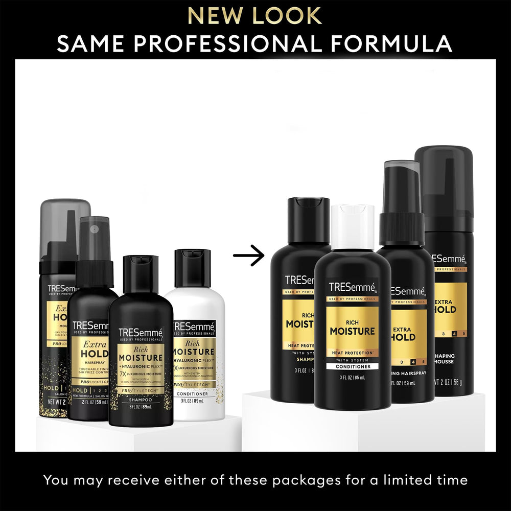 TRESemmé Travel Hairspray bottle showing crunch-free hold for humidity resistance