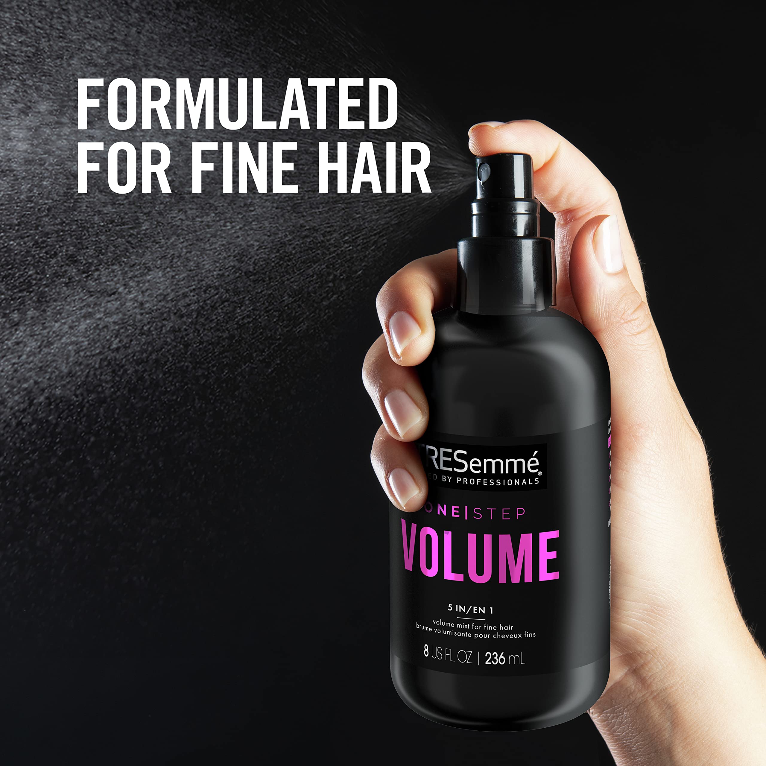 TRESemmé Volume Mist on damp hair for even spray and volume.