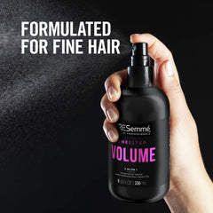 TRESemmé Volume Mist on damp hair for even spray and volume.