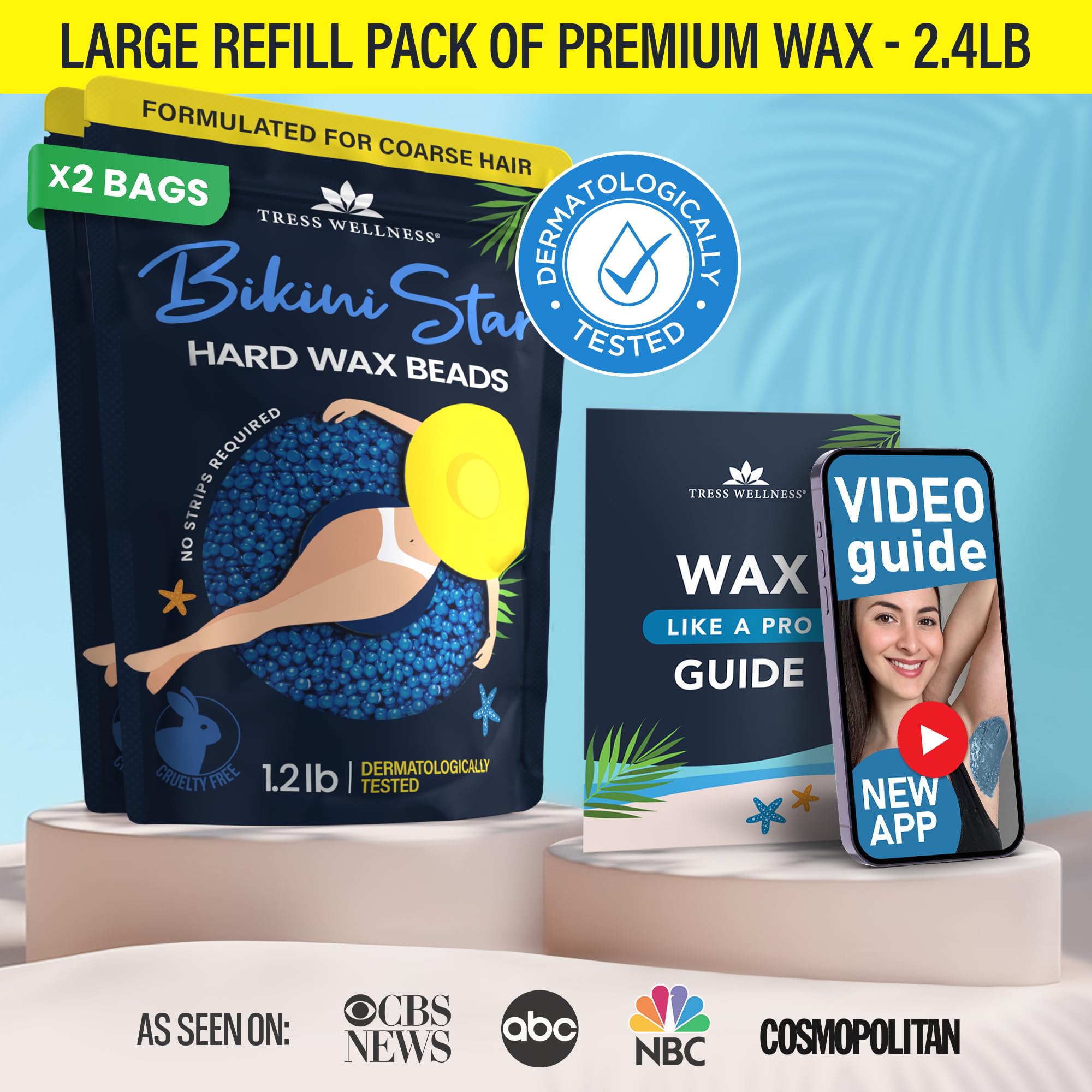 Tress Wellness blue hard wax beads close-up showing texture for effective hair removal.