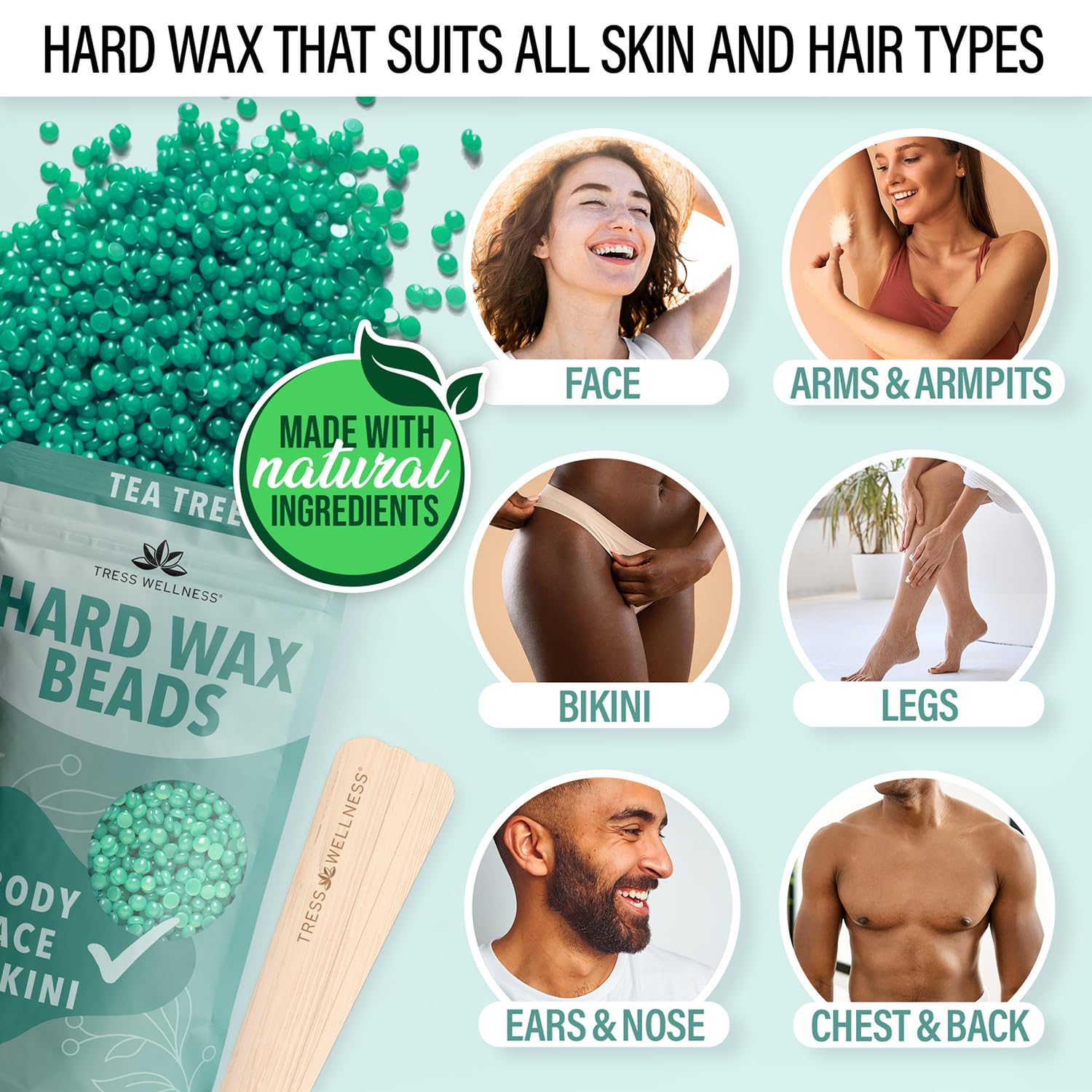 Tress Wellness hard wax beads variety bags showing skin-friendly formulas for sensitive areas