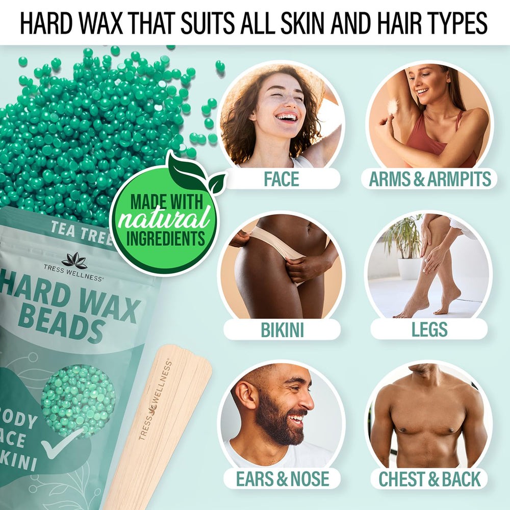 Tress Wellness hard wax beads variety bags showing skin-friendly formulas for sensitive areas