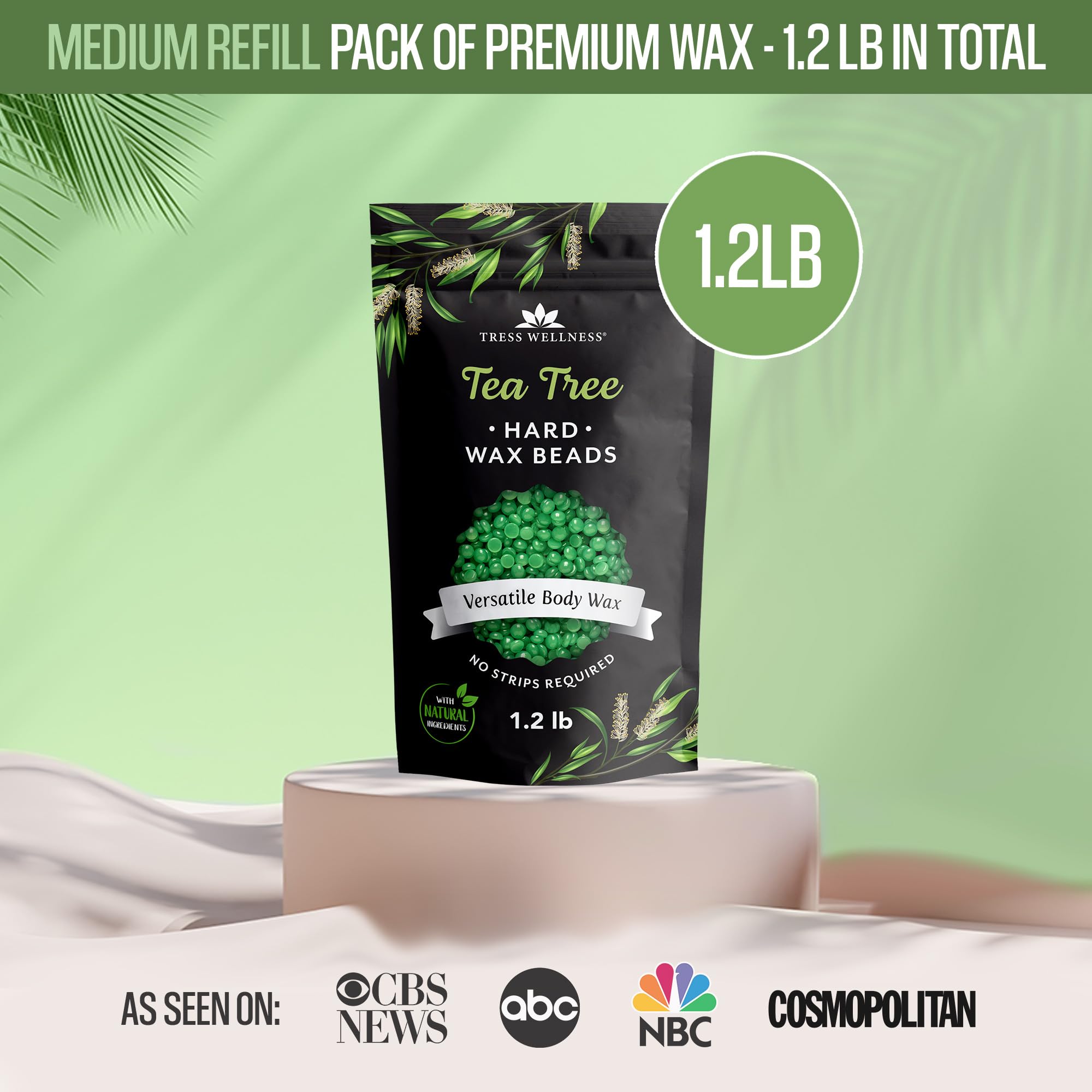 Tress Wellness tea tree scented wax beads close-up ideal for sensitive skin.