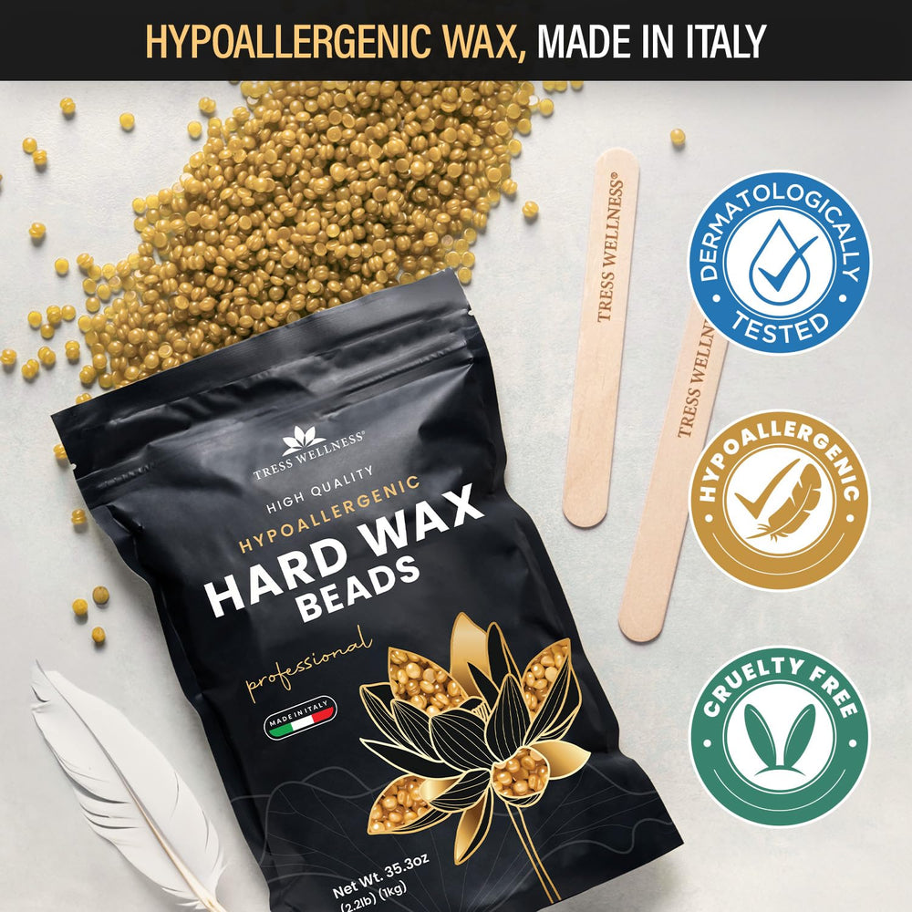 Tress Wellness wax beads Italian-made label — premium quality for at-home waxing.