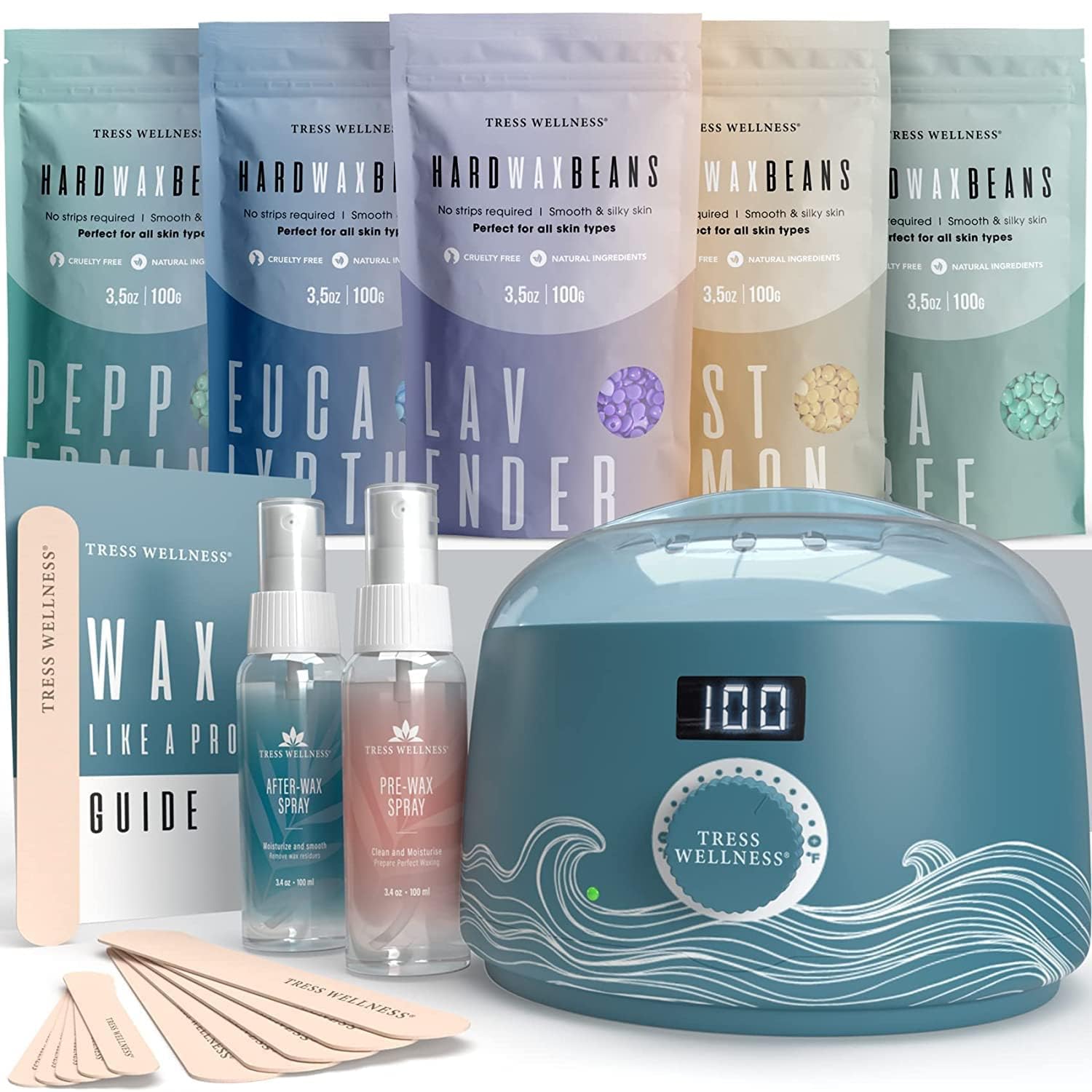 Tress Wellness waxing kit digital warmer display with adjustable temperature for wax sessions